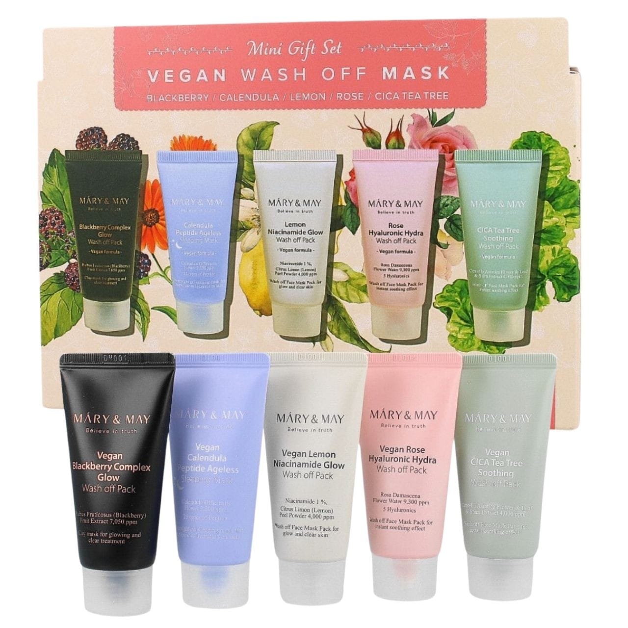Mary&May Mary&May Zestaw masek glinkowych Vegan Wash Off z pędzlem - 5 x 30 g